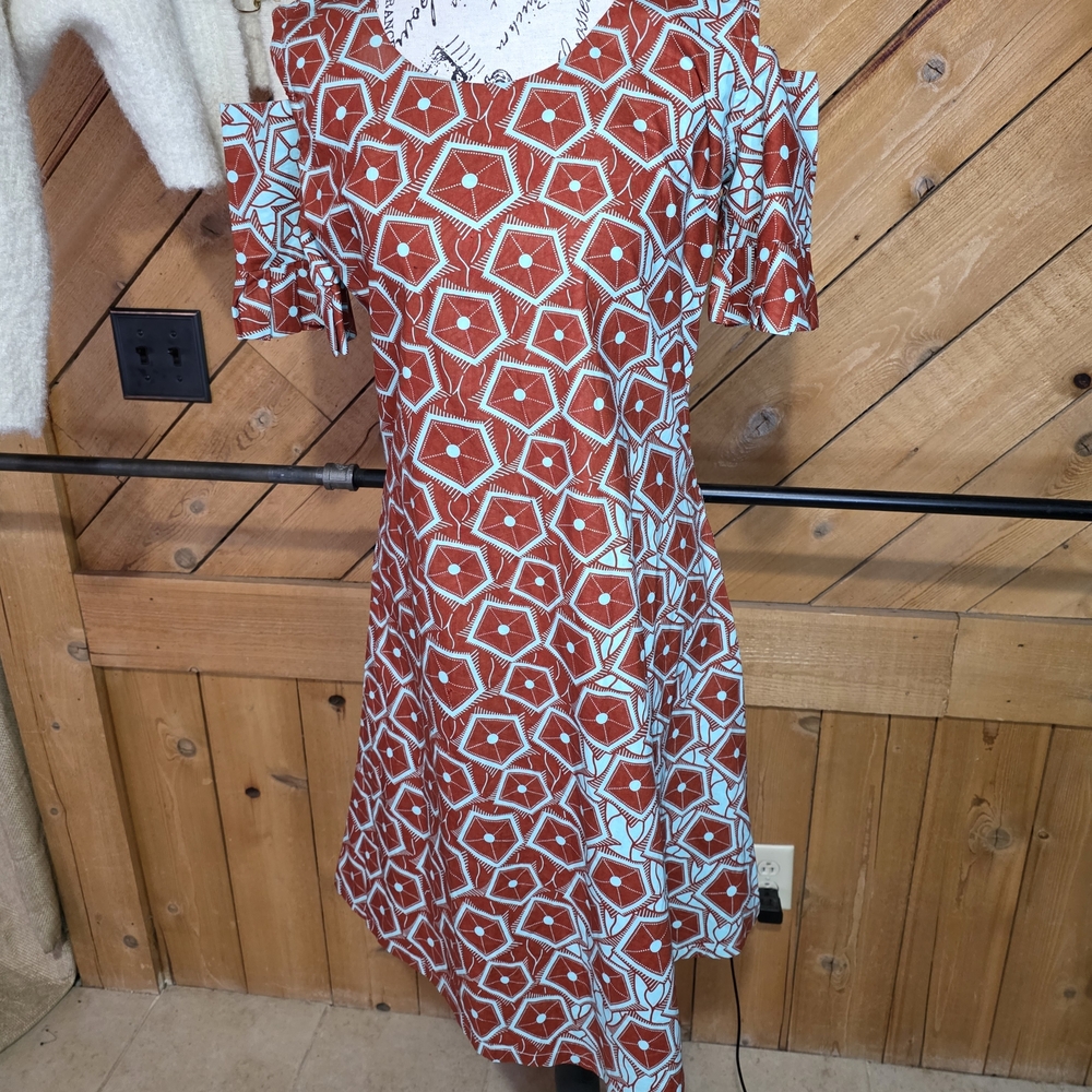 Ladun Xtyles‎ Geometric Print Cold Shoulder Ruffle Sleeve Dress Terracotta Blue